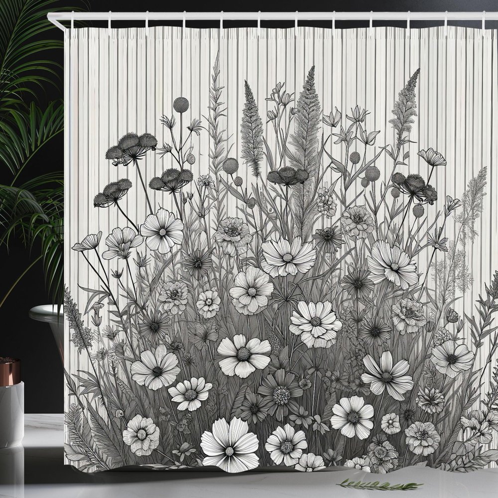 Ambesonne Black and White Shower Curtain, Blooming Meadow of Wildflowers on Retro Thin Lines Background, Cloth Fabric Bathroom Decor Set with Hooks, 69" W x 70" L, Pale Grey and Off White