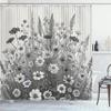 Ambesonne Black and White Shower Curtain, Blooming Meadow of Wildflowers on Retro Thin Lines Background, Cloth Fabric Bathroom Decor Set with Hooks, 69" W x 70" L, Pale Grey and Off White view 3