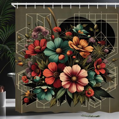 Ambesonne Floral Shower Curtain, Futurist Composition of Geometric Lines Shapes and Flower Bouquet Art, Cloth Fabric Bathroom Decor Set with Hooks, 69" W x 75" L, Slate Brown Seafoam Coral