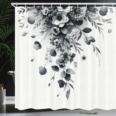 Ambesonne Black and White Shower Curtain, Romantic Grayscale Floral Design Wild Meadow Flowers and Eucalyptus Leaves, Cloth Fabric Bathroom Decor Set with Hooks, 69" W x 70" L, White Grey