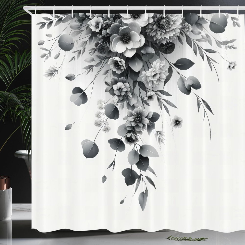 Ambesonne Black and White Shower Curtain, Romantic Grayscale Floral Design Wild Meadow Flowers and Eucalyptus Leaves, Cloth Fabric Bathroom Decor Set with Hooks, 69" W x 70" L, White Grey