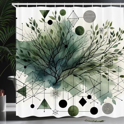 Ambesonne Dark Green Shower Curtain, Geometric Elements with Tree Branches on Nature Tones Watercolor Artwork, Cloth Fabric Bathroom Decor Set with Hooks, 69" W x 75" L, Pale Reseda Green