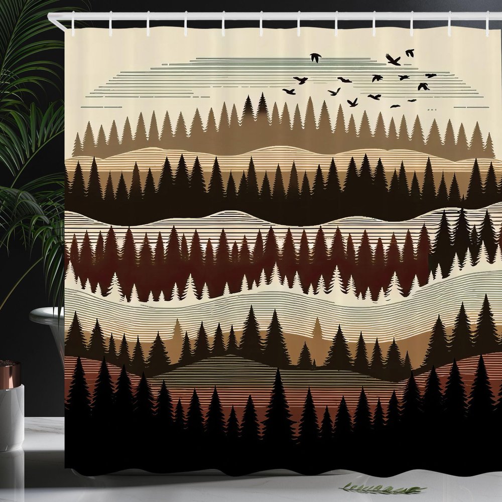 Ambesonne Brown Shower Curtain, Wild Nature Illustration of Zigzag Look Pine Trees Forest Modern Concept, Cloth Fabric Bathroom Decor Set with Hooks, 69" W x 75" L, Tan Burgundy and Ivory