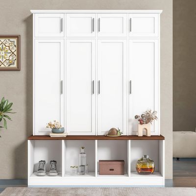 SIYSNKSI Multi-Functional Hall Tree with 4 Hidden Hanging Hooks, Brown Wood Grain Bench with Multiple Storage Space, Entryway Cabinet with Open Compartments for Living Room, Hallway (White-15.6)