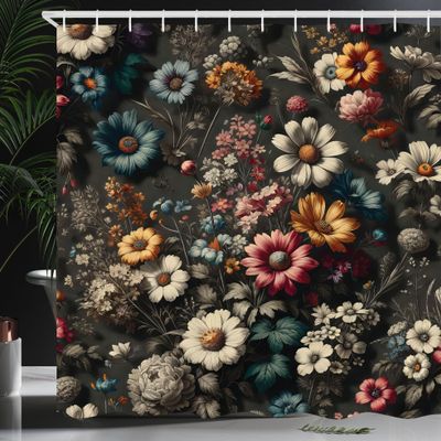 Ambesonne Floral Shower Curtain, Futurist Garden Flowery Atmosphere with Gentle Petals on Greyish Back, Cloth Fabric Bathroom Decor Set with Hooks, 69" W x 84" L, Sage Green Marigold Coral
