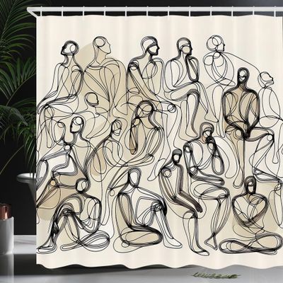 Ambesonne Aesthetic Shower Curtain, Continuous Line Illustration of Crowded People Contemporary Concept, Cloth Fabric Bathroom Decor Set with Hooks, 69" W x 84" L, Ivory and Charcoal Grey