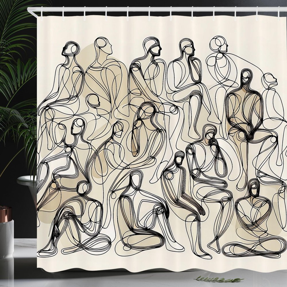 Ambesonne Aesthetic Shower Curtain, Continuous Line Illustration of Crowded People Contemporary Concept, Cloth Fabric Bathroom Decor Set with Hooks, 69" W x 84" L, Ivory and Charcoal Grey