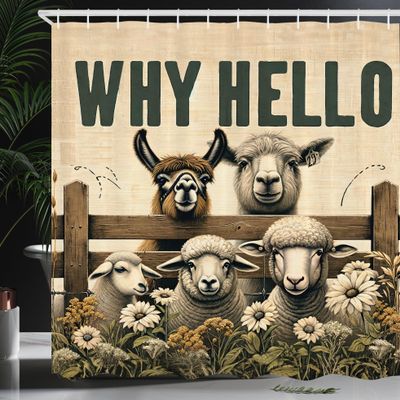 Ambesonne Farmhouse Shower Curtain, Why Hello Lettering with Alpaca Cow and Sheep in Meadow Flowers, Cloth Fabric Bathroom Decor Set with Hooks, 69" W x 84" L, Beige Brown and Reseda Green