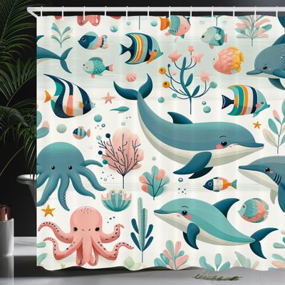 Ambesonne Fish Shower Curtain, Underwater Friends in Pastel Colors Marine Life Cartoon Octopus Dolphin, Cloth Fabric Bathroom Decor Set with Hooks, 69" W x 70" L, Cadet Blue Blush Orange