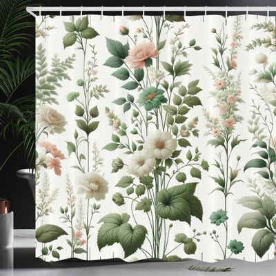 Ambesonne Green Shower Curtain, Vintage Farmhouse Themed Floral Huddles with Jungle Leaves on Plain Backdrop, Cloth Fabric Bathroom Decor Set with Hooks, 69" W x 70" L, White Multicolor