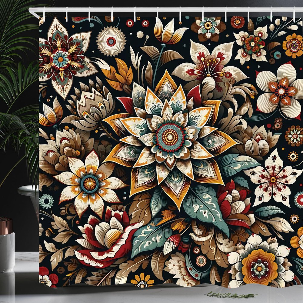 Ambesonne Boho Floral Shower Curtain, Traditional Style Ethnic Flowering Motifs Jumble Look Ornaments, Cloth Fabric Bathroom Decor Set with Hooks, 69" W x 84" L, Black Sepia and Orange
