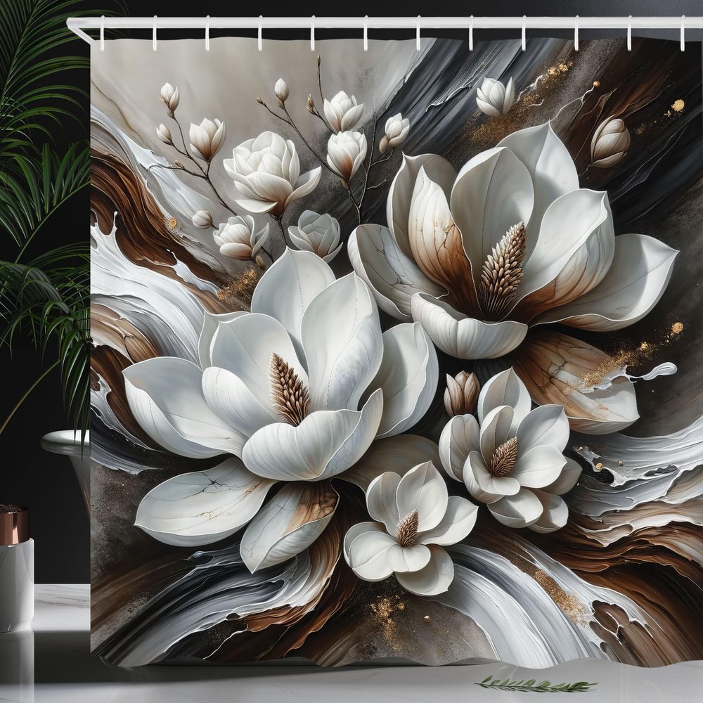 Ambesonne Brown Shower Curtain, Magnolia Flowers on Abstract Watercolor Blend Hues Look Background, Cloth Fabric Bathroom Decor Set with Hooks, 69" W x 84" L, White Dark Grey and Chocolate