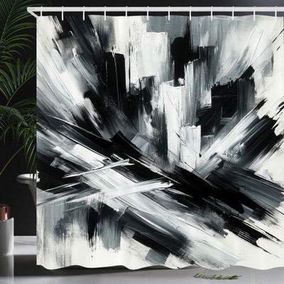 Ambesonne Black and White Shower Curtain, Abstract Art of Bold Brush Strokes in Monochrome Painting Print, Cloth Fabric Bathroom Decor Set with Hooks, 69" W x 75" L, Dark Blue Grey