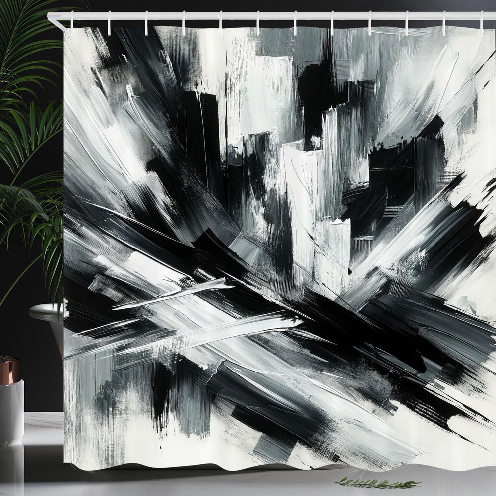 Ambesonne Black and White Shower Curtain, Abstract Art of Bold Brush Strokes in Monochrome Painting Print, Cloth Fabric Bathroom Decor Set with Hooks, 69" W x 75" L, Dark Blue Grey