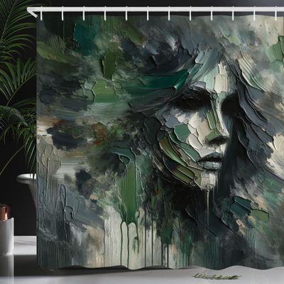 Ambesonne Dark Green Shower Curtain, Abstract Painting of a Lady's Portrait with Harsh Bold Brush Strokes, Cloth Fabric Bathroom Decor Set with Hooks, 69" W x 75" L, Dimgray Dark Eggshell