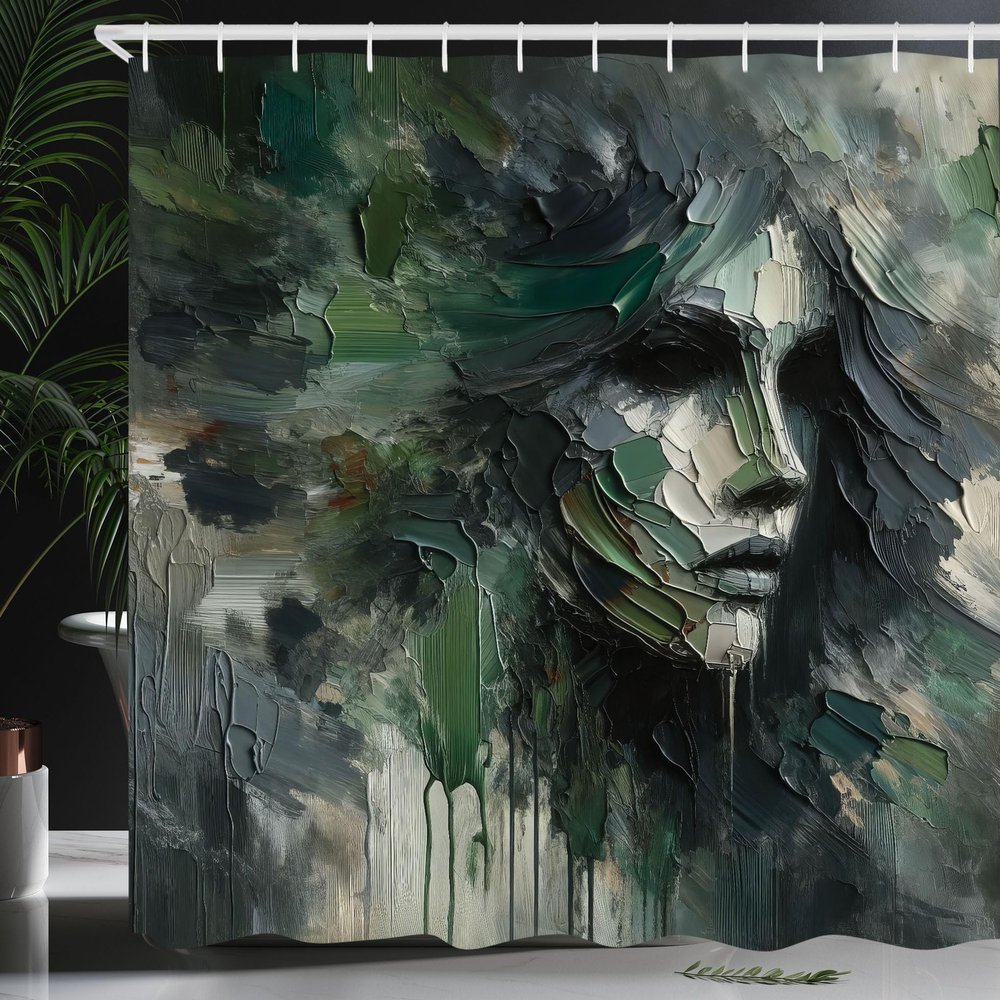 Ambesonne Dark Green Shower Curtain, Abstract Painting of a Lady's Portrait with Harsh Bold Brush Strokes, Cloth Fabric Bathroom Decor Set with Hooks, 69" W x 75" L, Dimgray Dark Eggshell