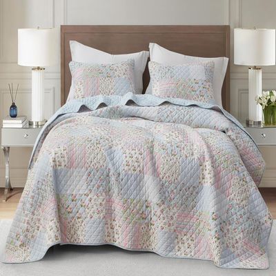 Chezmoi Collection Holly 3-Piece Printed Patchwork Cotton Quilt Set - Flower Floral Candy Stripe Polka Dots - Stone Washed Lightweight Bedspread, Full Size