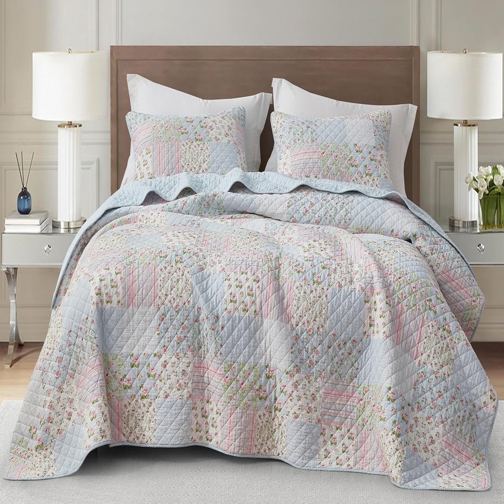 Chezmoi Collection Holly 3-Piece Printed Patchwork Cotton Quilt Set - Flower Floral Candy Stripe Polka Dots - Stone Washed Lightweight Bedspread, Full Size