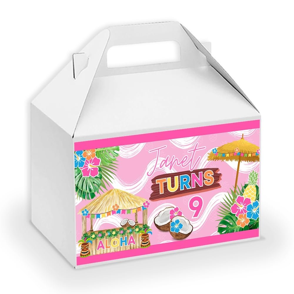 Personalized Hawaiian Birthday Themed Gable Box Labels, Tropical Treat Box Stickers, Luau Pool Party Favors, Girls Pink Table Decoration Supplies, Pineapple, Tiki Hut, Hibiscus Leis, Coconuts