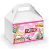 Personalized Hawaiian Birthday Themed Gable Box Labels, Tropical Treat Box Stickers, Luau Pool Party Favors, Girls Pink Table Decoration Supplies, Pineapple, Tiki Hut, Hibiscus Leis, Coconuts view 1