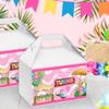 Personalized Hawaiian Birthday Themed Gable Box Labels, Tropical Treat Box Stickers, Luau Pool Party Favors, Girls Pink Table Decoration Supplies, Pineapple, Tiki Hut, Hibiscus Leis, Coconuts view 2