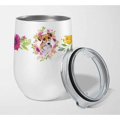 212 Main 12 oz Jack Russell Terrier No.1 Pink Flowers Stainless Steel Stemless Wine Glass