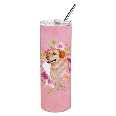 212 Main 20 oz Yellow Labrador Retriever Pink Flowers Double Walled Stainless Steel Skinny Tumbler