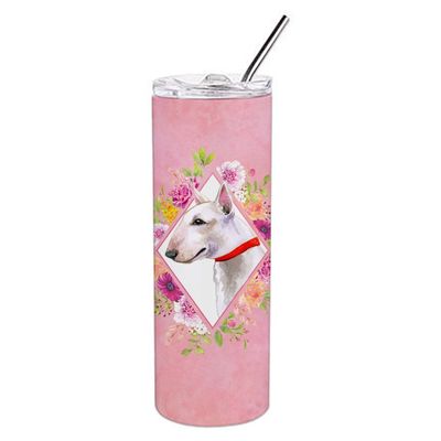 212 Main 20 oz Bull Terrier Pink Flowers Double Walled Stainless Steel Skinny Tumbler