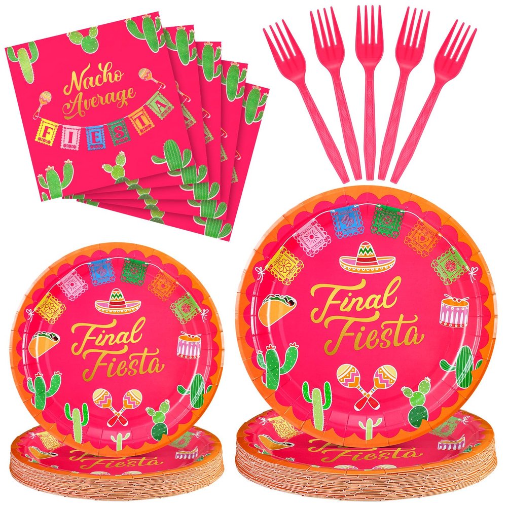 Sunnychicc 96 Pcs Fiesta Tableware Set Fiesta Party Supplies Includes Paper Plates Napkins Forks Disposable Dinnerware for Mexican Taco Party Cinco De Mayo Bridal Shower Baby Shower Serve 24