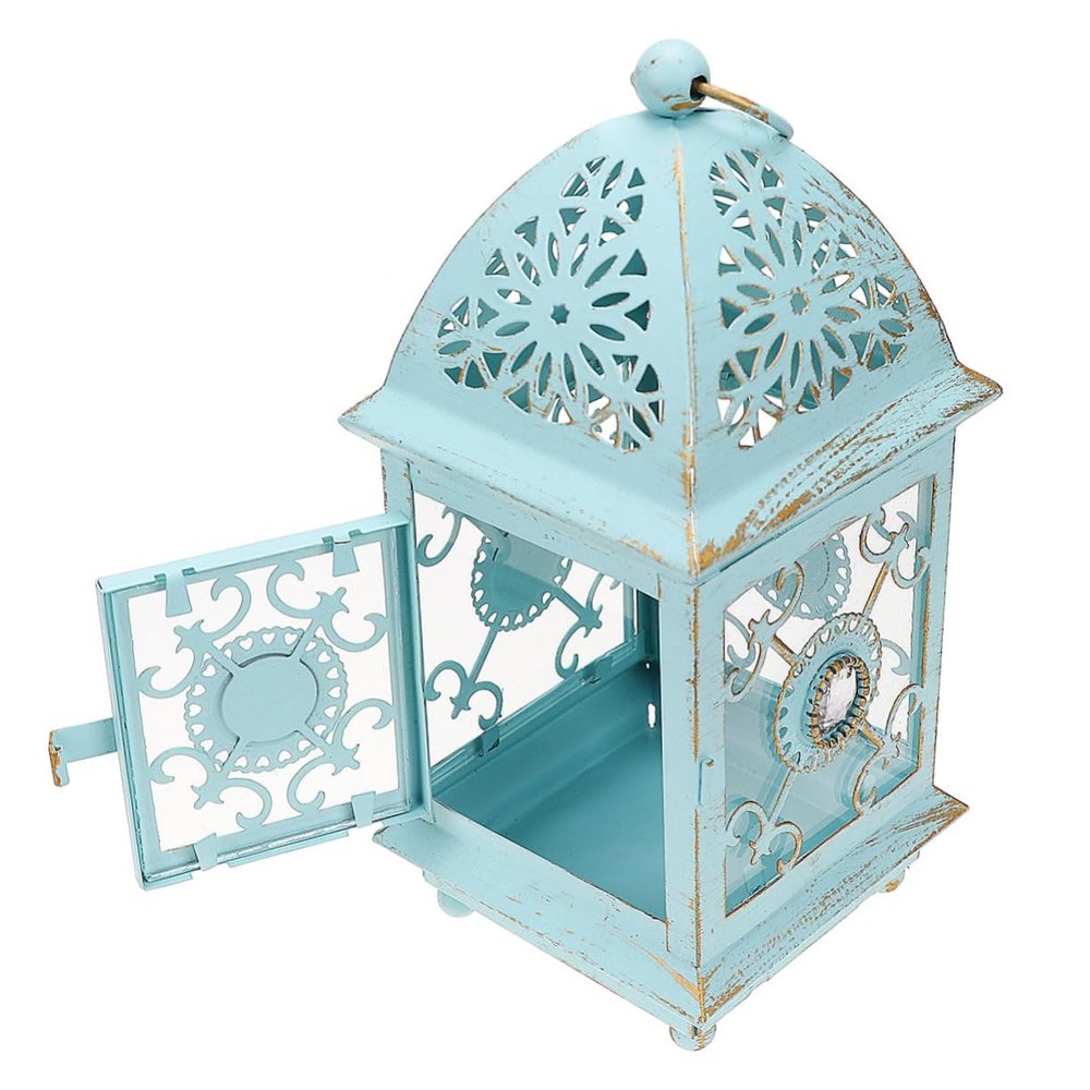 Yardenfun Rustic Iron Candle Holder Lantern Vintage Tealight Holder for Weddings Home Decor Hanging Freestanding Design Blue Gold Finish for Table Centerpieces