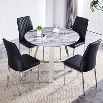 WEKEOT 42" Round Marble Dining Table Set for 4, Luxuriou Modern Kitchen Table Set Gray Faux Marble Dinner Table with Stainless Steel Leg and 4 Upholstered Chairs Set (Gray Table, Black Chairs)