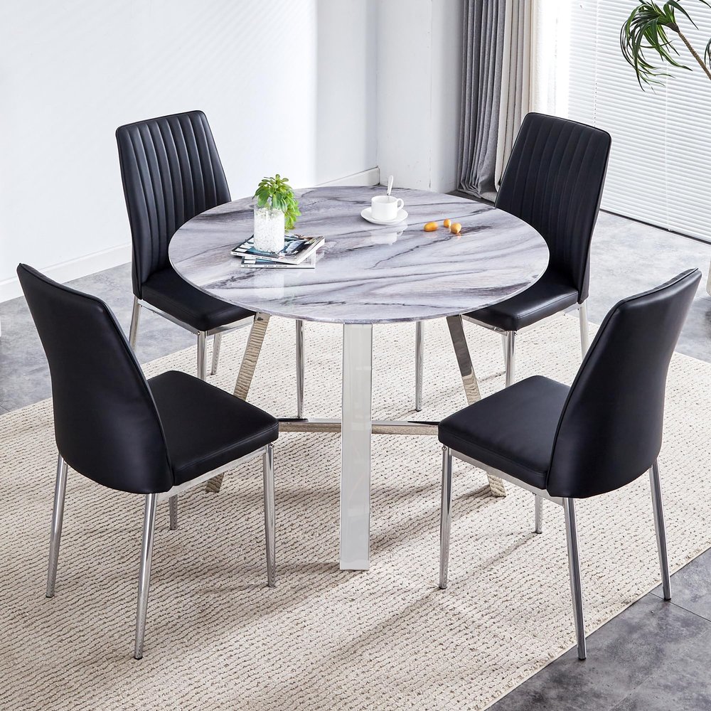 WEKEOT 42" Round Marble Dining Table Set for 4, Luxuriou Modern Kitchen Table Set Gray Faux Marble Dinner Table with Stainless Steel Leg and 4 Upholstered Chairs Set (Gray Table, Black Chairs)