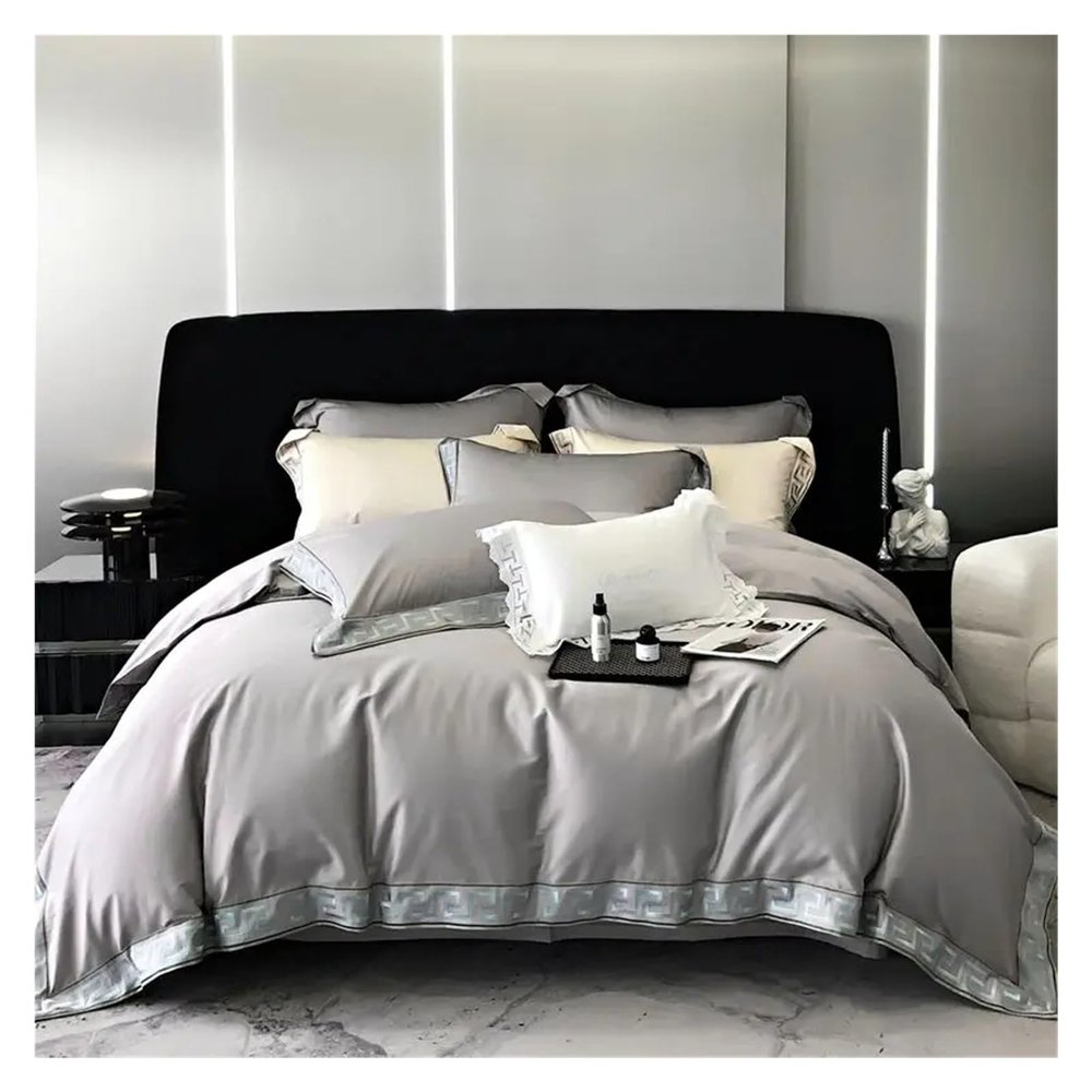Bed, Vintage Gold Embroidery Duvet Cover Set Black 1000TC Egyptian Cotton Bedding Set Double Queen King 4Pcs Bed Sheet Pillowcases