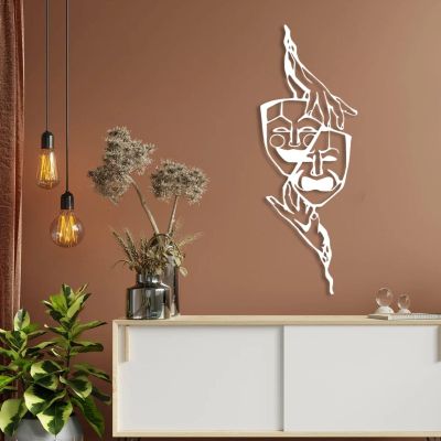 Comedy and Tragedy Theater Mask Metal Wall Art, Mask Metal Wall Art, Masks Laugh Cry Decor, Metal Drama Wall Decor, Mask Wall Decor, Metal Wall Art, Theater Lovers Gifts (30"x11" | 76x27.5 cm, White)