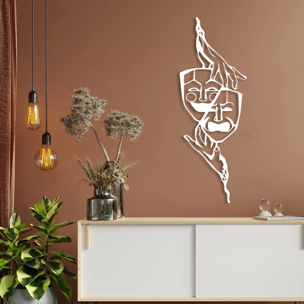Comedy and Tragedy Theater Mask Metal Wall Art, Mask Metal Wall Art, Masks Laugh Cry Decor, Metal Drama Wall Decor, Mask Wall Decor, Metal Wall Art, Theater Lovers Gifts (30"x11" | 76x27.5 cm, White)
