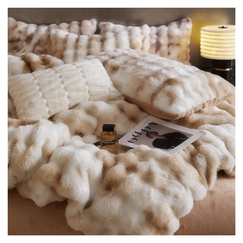 QuKan Bed, Luxury Faux Rabbit Fur Velvet Fleece Gradient Blue Grey Bedding Set Plush Soft Duvet Cover Set Flat/Fitted Bed Sheet Pillowcases, MM-102
