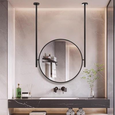 Round Mirror, Ceiling Hanging Mirror Bathroom Vanity Mirror Black Metal Framed Wall Mirror with Floating Rods(Boom can be customized) Modern Decorative Mirrors ( Size : Diameter-40CM/15.7INCH )