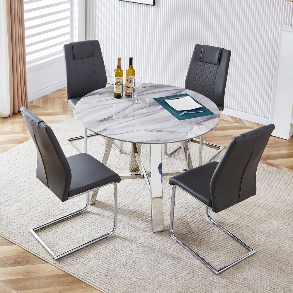WEKEOT Round Marble Dining Table Set for 4, Luxurious Modern Kitchen Table Set 42" Dinner Table and 4 Chairs Set with Stainless Steel Leg for Dining Room(Marble Table, Dark Gray Chairs)