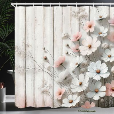 Ambesonne Pink Shower Curtain, Modern Farmhouse Themed Tender Flowering Scene on Rustic Backdrop Realist Look, Cloth Fabric Bathroom Decor Set with Hooks, 69" W x 84" L, Pale Mauve Blush