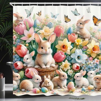 Ambesonne Spring Shower Curtain, Easter Bunnies Tulips Rabbits in Floral Scene Flowers with Butterflies, Cloth Fabric Bathroom Decor Set with Hooks, 69" W x 84" L, Beige Coral Multicolor