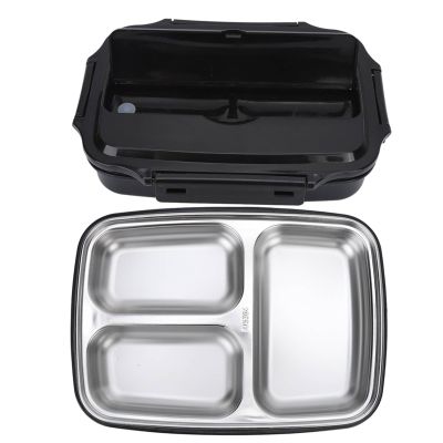 Black Divided Lunch Box 304 Stainless Steel Lunch Bento 3 Compartment Food Container with Sealed Lid for Outdoor Office Canteen