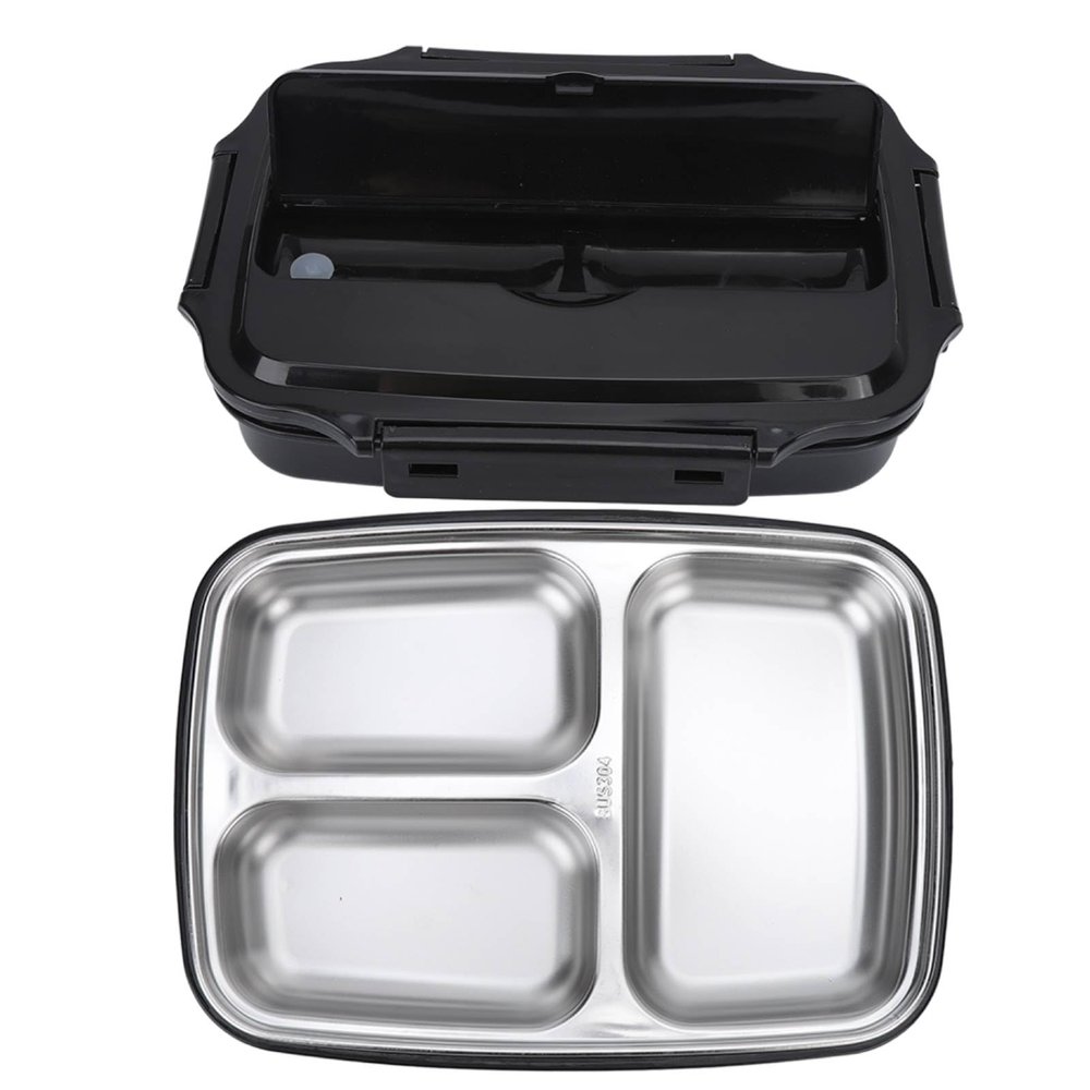 Black Divided Lunch Box 304 Stainless Steel Lunch Bento 3 Compartment Food Container with Sealed Lid for Outdoor Office Canteen