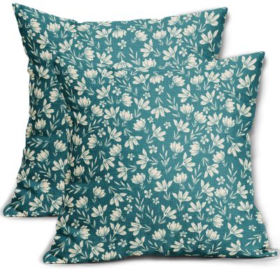 Aytipun Teal Pillow Covers 16x16 Set of 2 Vintage Floral Rustic Old Style Cute Flower Print Decorative Outdoor Pillowcases Seasonal Farmhouse Throw Cushion Case Decor for Couch Sofa Bed