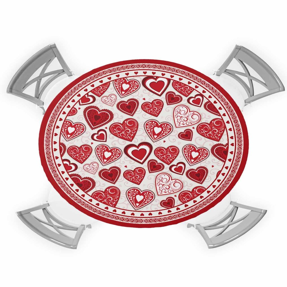 BOBOWUNY Valentine's Floral Heart Table Cloth, Round Fitted Tablecloths with Elastic Edge, Wipeable Waterproof Table Cover for Kitchen Wedding 55-60 Inches Red Valentine Romantic Love