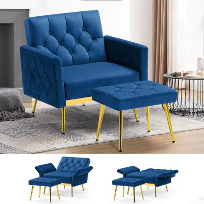 ACMEASE Velvet Accent Chair w/Adjustable Armrests and Backrests, Tufted Single Sofa with Ottoman, Upholstered Reading Chiar for Living Room, Apartment, Bedroom, Blue