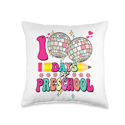 100 Days of Preschool Pencil 100th Day of School Retro Disco Throw Pillow