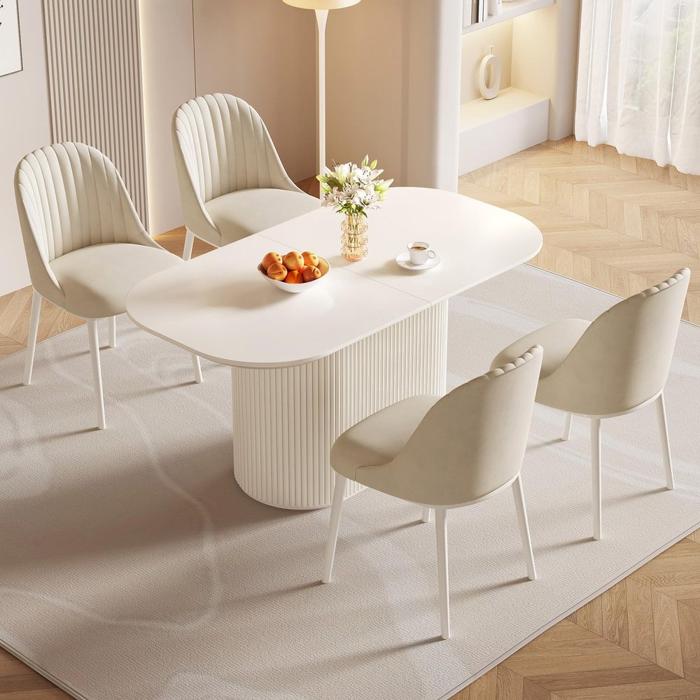 QEZEOM 62.99" Rectangular Dining Table Set for 4, Modern Kitchen Table with 4 Upholstered Chairs, Space-Saving, Easy Assembly, Wood Pedestal, Living Room, Caf, Office, White