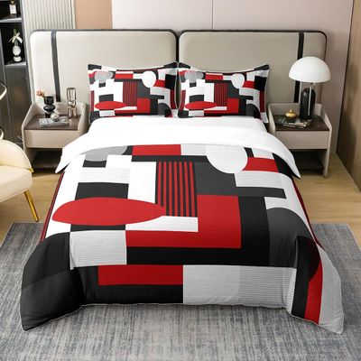 Feelyou Geometric Bedding Set King Size Kids Red White Black Comforter Cover Set for Boys Girls Rectangle Square 100% Cotton Duvet Cover Modern Abstract Art Bedspread Cover Room Decor