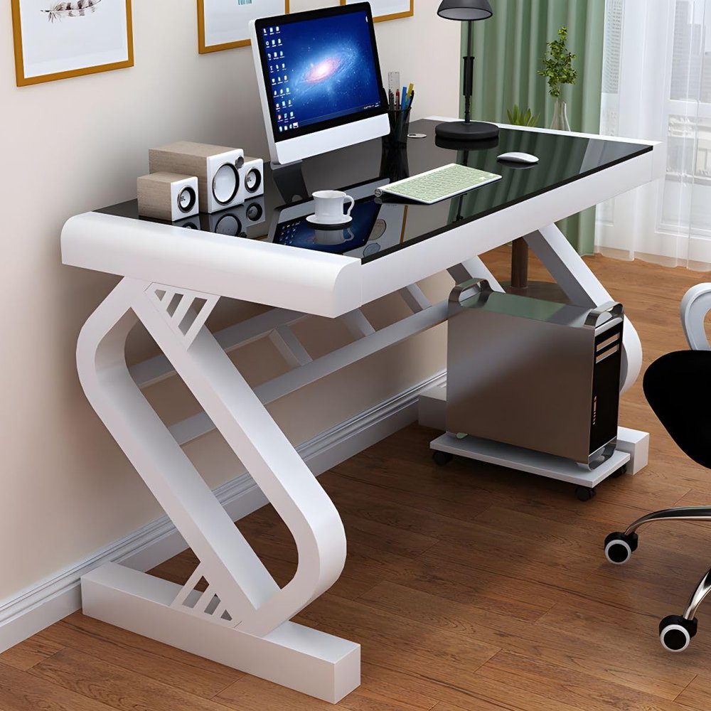 KWOKING 29.53" H Rectangular Computer Desk Antique Finish Office Desk Without Chairs Computer Desk Desktop E-sports Table Office Desk Learning Table Black Table Top White Base 55.1"L x 23.6"W x 29.5"H