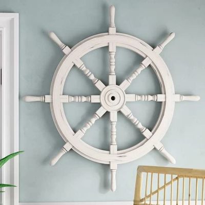Wooden Ship Wheel - Nautical Boat Steering Wheel, Handcrafted Solid Wood & Brass Center Hub - Vintage Pirate Ship Helm, Rustic Maritime Wall Decor for Home, Office (White 36 inch)